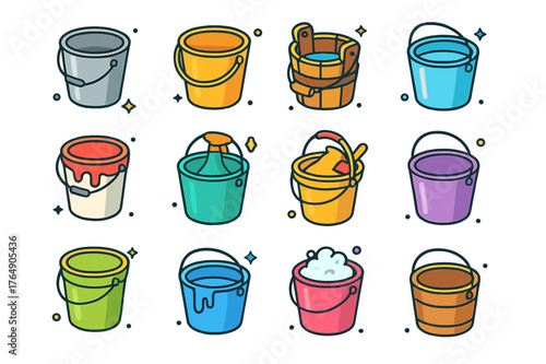 Colorful Bucket Icons. Container set. Colorful isometric vector icons set of container set: metal bucket, plastic bucket, wooden bucket, water bucket, paint