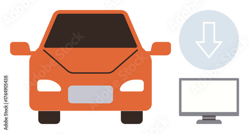 Orange car front with download icon and desktop screen, representing automotive software, tech diagnostics, fleet management, connectivity, repair scheduling, AI system integration, simple flat