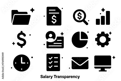 Salary Transparency Icons. Salary Transparency. Solid icons set of Salary Transparency: open folder, document, magnifying glass, bar chart, dollar sign,