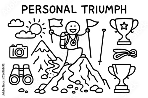 Personal Triumph Icons. Personal Triumph. Hand-drawn doodle illustration Personal Triumph person celebrating, flag, medal, trophy, mountain, trail, backpack,