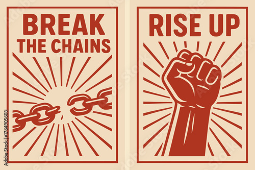 Break Chains, Rise Up. Overcome Fear. Two vertical A6 banners with safe margins, centered composition, no elements touching edges, retro, red and beige, broken