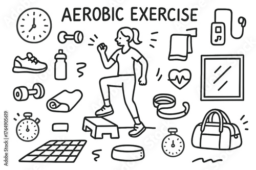 Aerobic Workout Essentials. Aerobic Exercise. Hand-drawn doodle illustration Aerobic Exercise person stepping on platform, dumbbells, yoga mat, sneakers, water