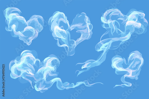 하늘색 배경에 다양한 형태로 표현된 하트 모양의 연기 벡터 일러스트