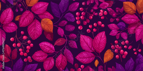 짙은 보라색 배경에 붉은 열매와 화려한 잎사귀가 어우러진 가을의 아름다움을 담은 벡터 일러스트