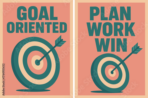 Retro Goal Banners. Goal oriented. Two vertical A6 banners with safe margins, centered composition, no elements touching edges, retro, pink and teal, objects