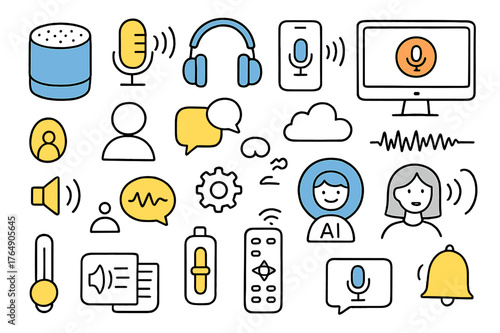 Smart Device Doodles. Speech-controlled devices. Hand-drawn doodle illustration smart speaker (colored), microphone (colored), headphones (colored), smartphone
