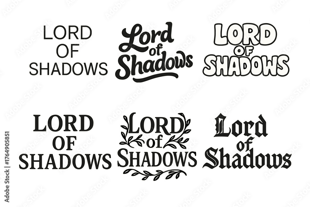 Obraz premium Lettering Styles Grid. Lord of Shadows. Set lettering. harmonious lettering variations of the same emblematic concept (Modern minimal monoline lettering, Bold
