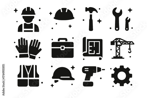 Workforce Icons Set. Workforce. Solid icons set of Workforce: construction worker, hard hat, hammer, wrench, gloves, toolbox, blueprint, crane, safety vest,