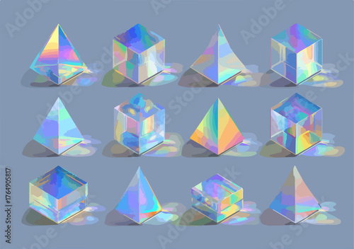 무지개빛 스펙트럼을 투영하는 다채로운 기하학적 입체 도형들이 신비롭고 환상적인 분위기를 연출하며 시각적 즐거움을 선사하는 예술적인 벡터 일러스트레이션입니다.