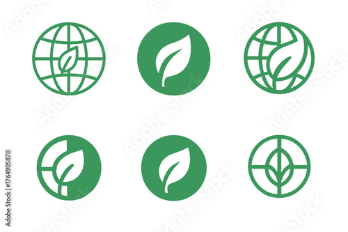 Ecological Logo Variations. Ecology. Set Logo of Ecology: leaf within globe. harmonious logo variations of the same emblematic concept, each with different