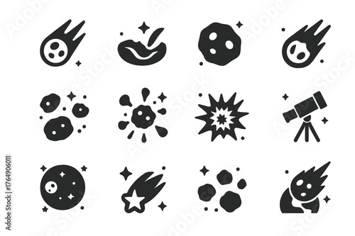 Meteorite Icons Collection. Meteorites. Solid icons set of Meteorites: falling meteor, crater, space rock, glowing trail, asteroid belt, dust cloud, explosion