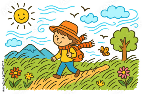 Whimsical Windy Grassland. windy grassland. Colorful Hand-drawn doodle Children illustration windy grassland person, tall grass, wind, mountain, clouds, sun,