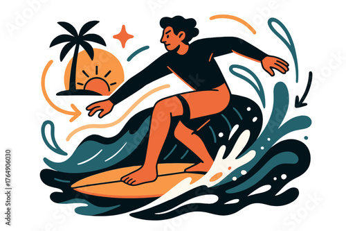 Vibrant Sunrise Surfing. Surfing on the waves. Surfer catching sunrise waves with abstract floating light streaks and splashes; emphasizes vibrant tropical