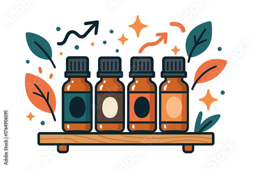 Aromatherapy Bliss. Aromatherapy oils. Collection of essential oil bottles on wooden shelf with abstract floating leaves, arrows, and sparkles; conveys