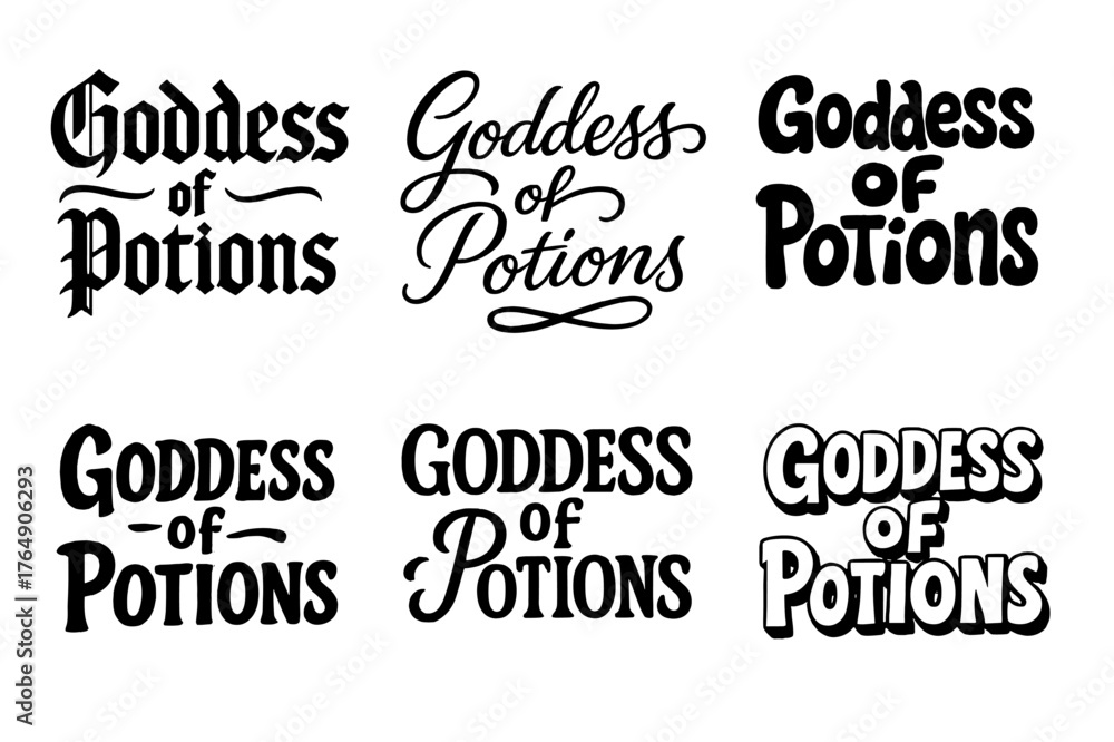 Fototapeta premium Goddess of Potions. Goddess of Potions. Set lettering. harmonious lettering variations of the same emblematic concept (Gothic-inspired decorative type, Bold