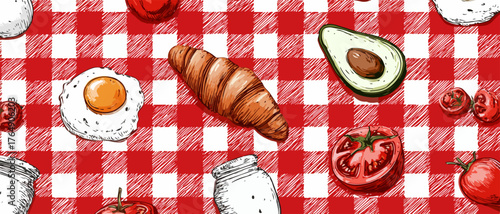 신선한 아침 식탁의 풍요로움을 담은 손그림 스타일의 계란, 크루아상, 아보카도 등이 빨간 체크무늬 배경 위에서 조화롭게 반복되는 이음새 없는 벡터 패턴 일러스트레이션입니다.