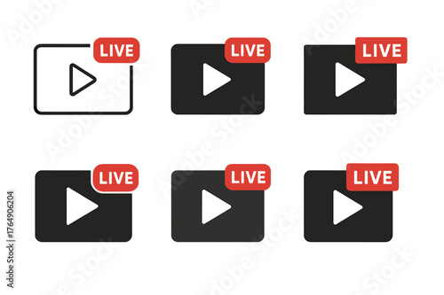 Live Stream Logo Variations. Online streaming events and live broadcasts. Set Logo of Online streaming events and live broadcasts: video window with red LIVE