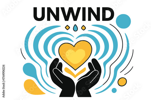 Trauma Release Waves. Trauma Release. Abstract waves ripple outward from curled hands; heart-centered glow spreads softly. ?Unwind? floats above with tiny