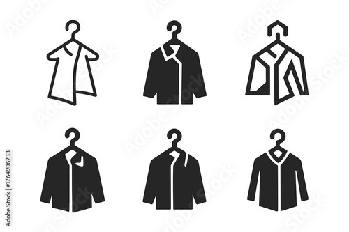 Coat Hook Logos. Hanging up a coat. Set Logo of Hanging up a coat: wall-mounted coat hook with hanging coat. harmonious logo variations of the same emblematic