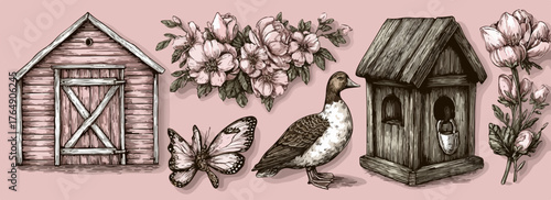 정교한 손그림 기법으로 그려진 빈티지 스타일의 헛간, 새집, 오리, 나비, 그리고 화려한 꽃들이 어우러져 목가적인 자연의 아름다움을 섬세하게 표현한 벡터 일러스트 세트입니다.