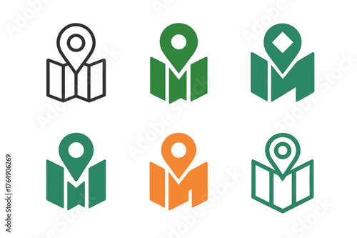 Diverse Map Icons. A person navigating a city street with a map or GPS on their phone. Set Logo of smartphone map screen: harmonious logo variations of the