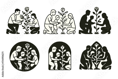 Garden Harmony Logos. A family spending time outdoors, tending to their garden or yard. Set Logo of A family spending time outdoors, tending to their garden or
