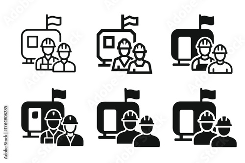 Harmonious Construction Logos. Construction managers overseeing projects. Set Logo of Construction managers overseeing projects: site office trailer with flag.