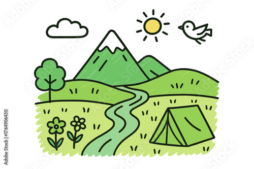 Colorful Nature Doodle. Field and Mountains. Hand-drawn doodle illustration mountain peak (colored), rolling hills, grassy field (colored), sun,