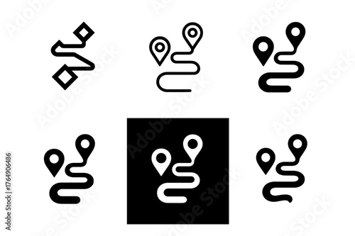 Diverse Logo Interpretations. Brand storytelling. Set Logo of Brand storytelling: Narrative roadmap with milestone markers. harmonious logo variations of the