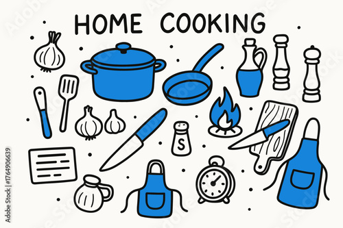 Home Cooking Essentials. // Home cooking. Hand-drawn doodle illustration Home cooking [pot (accented), skillet (accented), spatula, cutting board (accented),