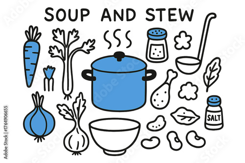 Soup and Stew Doodles. // Soup and stew. Hand-drawn doodle illustration Soup and stew [stockpot (accented), ladle, carrots (accented), celery, onion
