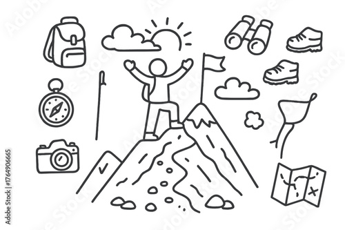 Mountain Top Triumph. Mountain Peak Celebration. Hand-drawn doodle illustration Mountain Peak Celebration person standing, arms raised, mountain peak, flag,