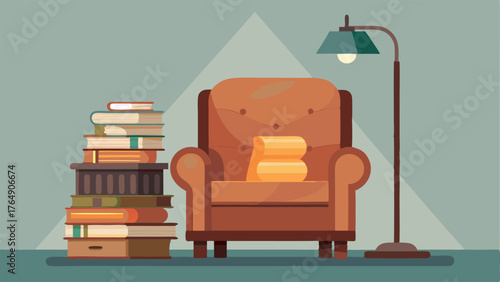 A cozy reading nook with a distressed leather armchair a vintage industrial floor lamp and a stack of books on a rustic wooden side table.