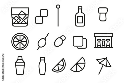 Crystal Glass Icons. Alcohol in crystal glass. Line icon set of alcohol in crystal glass: whiskey glass, ice cubes, cocktail stirrer, bottle, cork, lemon