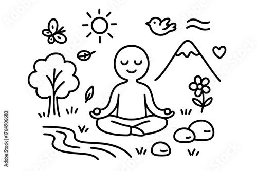 Tranquil Outdoor Meditation. Meditation outdoors. Hand-drawn doodle illustration meditation outdoors lotus pose figure, mountain, tree, sun, bird, calm face,