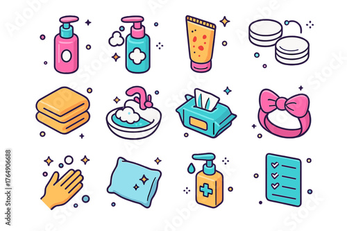 Skincare Hygiene Icons. Skincare hygiene. Colorful isometric vector icons set of Skincare hygiene: face cleanser bottle, foaming soap, gentle exfoliating