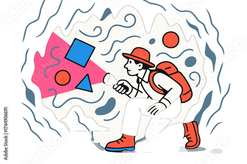 Geometric Cave Exploration. Cave. Explorer shining flashlight on cave walls with floating abstract geometric shapes and soft light, adventurous and suspenseful