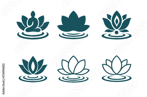 Harmonious Yoga Logos. Stress management through yoga and meditation. Set Logo of relaxation: lotus and water ripple. Icon set. harmonious logo variations of