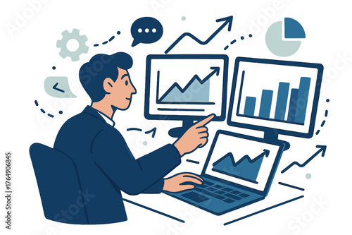 Dynamic Market Analysis. A businessperson analyzing market trends on a laptop with charts. Person comparing multiple charts and graphs on dual screens;