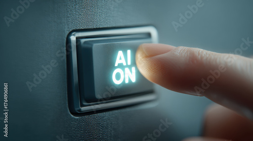Finger pressing glowing AI ON button, symbolizing activation of artificial intelligence technology