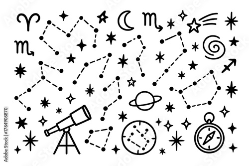 Celestial Doodle Icons. Constellations. Hand-drawn doodle illustration constellations star dots, connecting lines, telescope, compass, night sky, zodiac