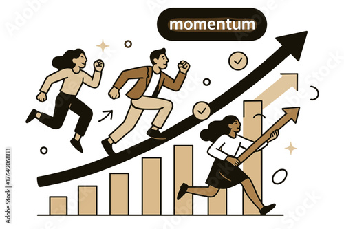 Dynamic Growth Momentum. Pitch Deck ? Traction & Growth. Bars and curves soar upward; milestone icons pulse at key dates. Label ?momentum.? glows at peak.