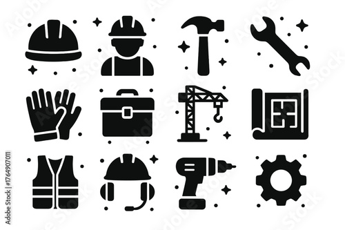 Industrial Icon Set. Industrial Labor. Solid icons set of Industrial Labor: hard hat, construction worker, hammer, wrench, gloves, toolbox, crane, blueprint,
