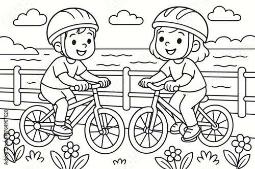 Cycling Kids Coloring. Children cycling by the river children?s coloring book illustration, outlined drawing, two happy kids riding bikes along an embankment