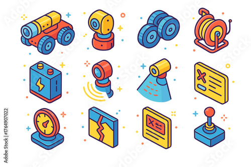 Pipeline Robot Icons. Pipeline inspection robots. Colorful isometric vector icons set of Pipeline inspection robots: CCTV crawler robot, pan-tilt camera head,
