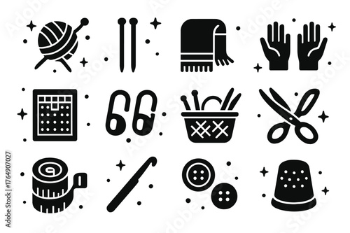 Crafting Icon Set. Crafting Warmth. Solid icons set of Crafting Warmth: yarn ball, knitting needles, scarf, hands, pattern chart, stitch markers, basket,