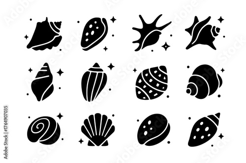 Tropical Shell Icons. Tropical Shells. Solid icons set of Tropical Shells: queen conch, tiger cowrie, triton trumpet, spider conch, harp shell, mitre shell,