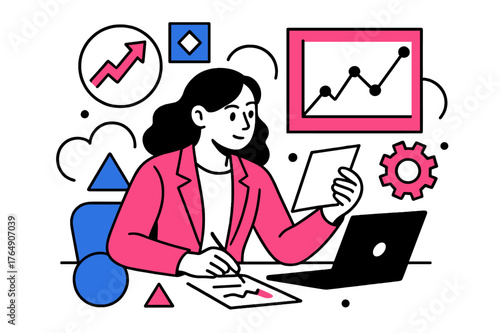 Female Startup Vision. Female Founders and Startups. Female entrepreneur analyzing market data with floating abstract charts and geometric icons, focused and