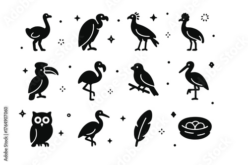 Savanna Birds Icons. Savanna Birds. Solid icons set of Savanna Birds: ostrich, vulture, secretary bird, crowned crane, hornbill, flamingo, weaver bird, stork,