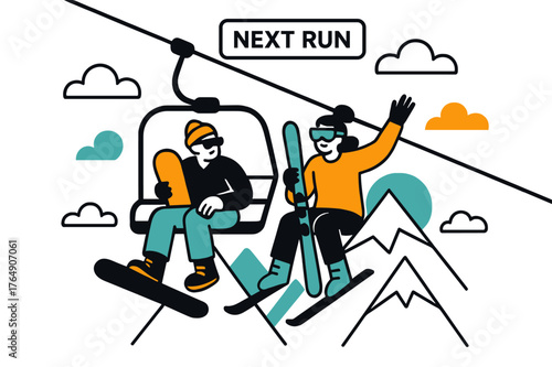 Chairlift to Summit. Chairlift to the Summit. Boots dangle, boards and skis clink; clouds drift by like paper cutouts. A calm ?Next Run? label hovers above the